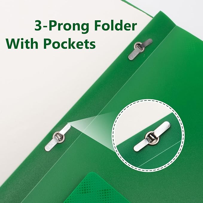 ViVin 10-Pack Sturdy Plastic Folders, 2 Pocket Folders with Pockets, Poly Plastic Folders with Pockets and Prongs, for School Home and Office-Green