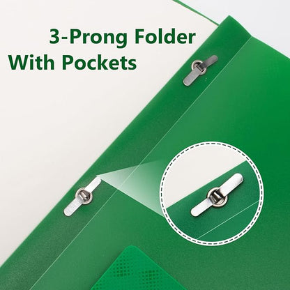 ViVin 10-Pack Sturdy Plastic Folders, 2 Pocket Folders with Pockets, Poly Plastic Folders with Pockets and Prongs, for School Home and Office-Green