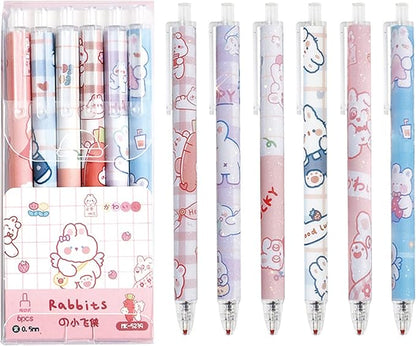 6 Pcs Gel Ink Pens Cartoon Retractable Pens Cute Animal Pen 0.5mm Ballpoint Pen Office School Supplies for Girls (Rabbit)
