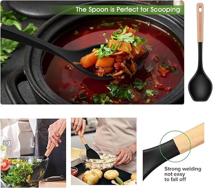 Large Cooking Spoons. 12.5" Heat Resistant Silicone Serving Spoon, Nonstick Kitchen Utensils Wooden Handle Rubber Spoon for Mixing, Stiring,Baking,Scooping and Scraping.
