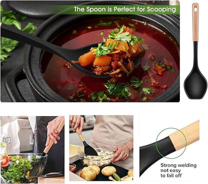 Large Cooking Spoons. 12.5" Heat Resistant Silicone Serving Spoon, Nonstick Kitchen Utensils Wooden Handle Rubber Spoon for Mixing, Stiring,Baking,Scooping and Scraping.