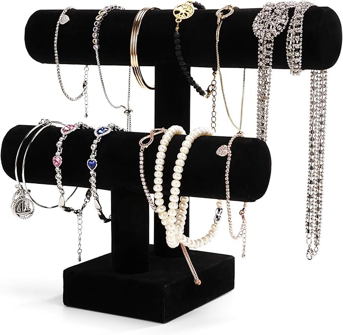 ShellKingdom Jewelry Display, 2 Tier Jewelry Holder for Necklace Bracelet Watch Display, Table Top Display Stand, Velvet T Bar Jewelry Tower (2 tier)
