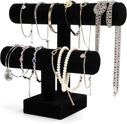 ShellKingdom Jewelry Display, 2 Tier Jewelry Holder for Necklace Bracelet Watch Display, Table Top Display Stand, Velvet T Bar Jewelry Tower (2 tier)