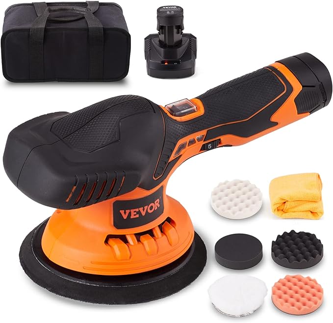 VEVOR Cordless Buffer Polisher, 6-Inch Random Orbital Polisher for Cars, 6 Variable Speed 5200RPM, with 1PC 12V Rechargeable Battery, Wireless Polisher Kit for Car DetailingPolishingWaxing