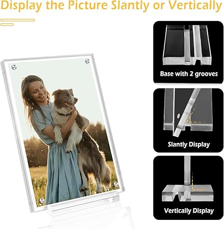 4x6 Magnetic Acrylic Picture Frame with Base, Both Horizontal Vertical or Slant Back Display, Double Sided Clear Photo Frame, Frameless Lucite Frames