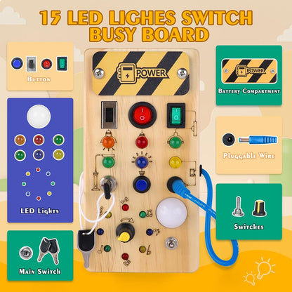 Hoarosall Montessori Toddler Busy Board, Baby Wooden Busy Board with 8 LED Light Switches, Sensory Light Switch Toys for 1+ Year Old Baby and Toddler