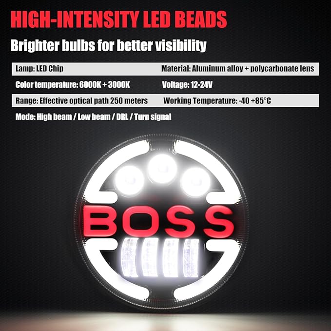 7 Inch Motorcycle LED Headlight Daymaker Compatible with Harley Davidson Touring Softail FLD (BOSS)