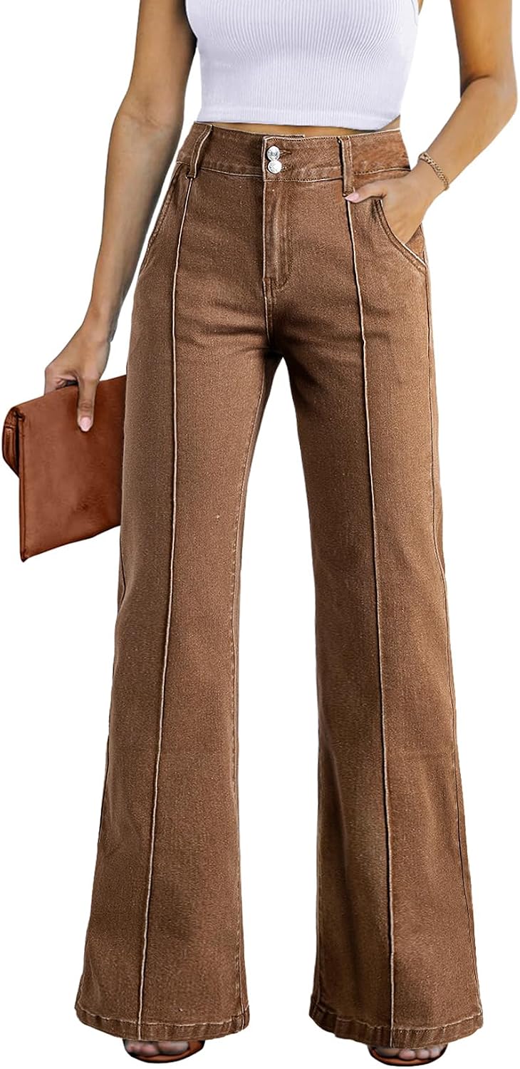 Womens Wide Leg Jeans Casual Baggy High Waisted Stretch Denim Pants