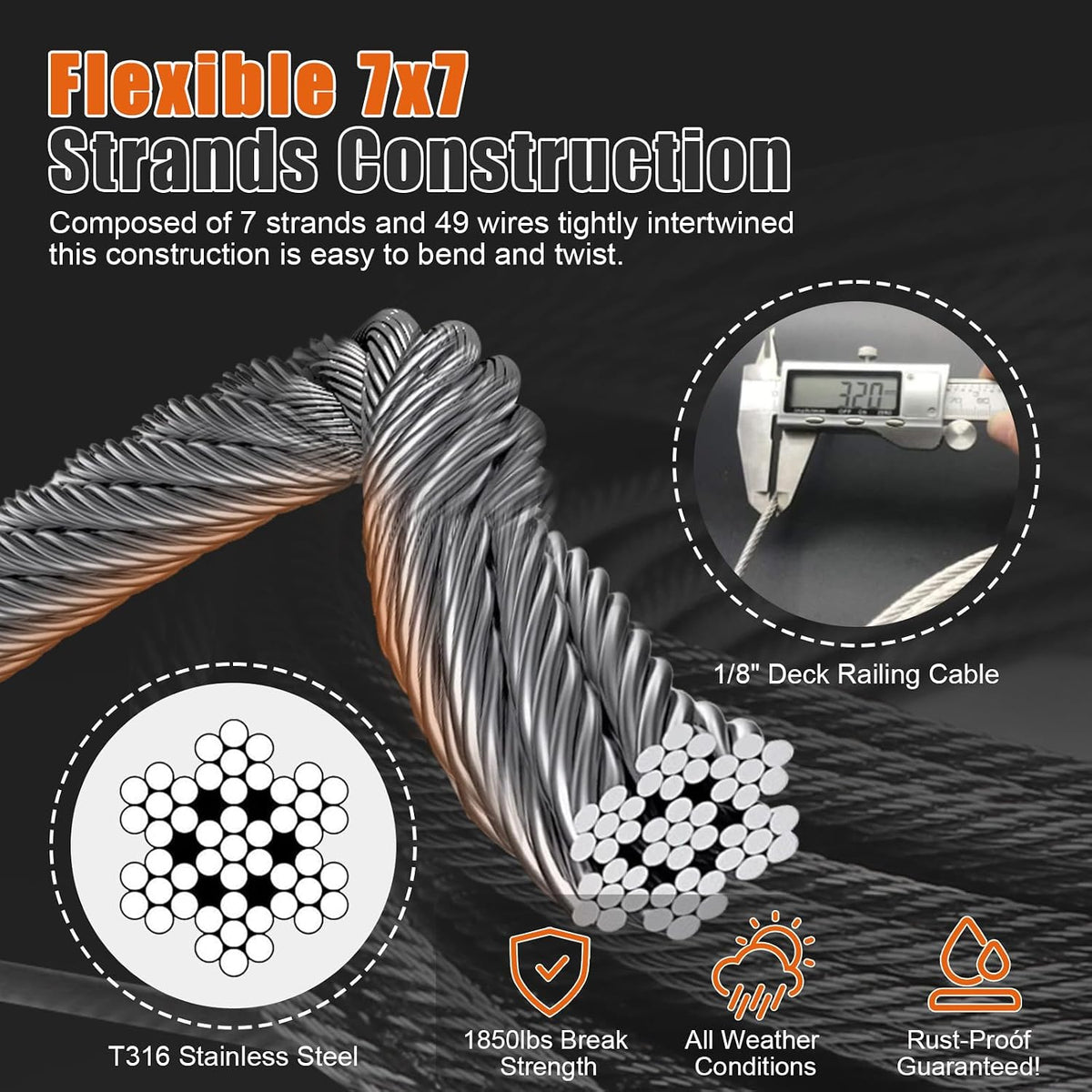 000FT 1/8" Stainless Steel Cable for Deck Cable Railing System,Premium T316 Aircraft Cable Kits,7x7 Strands Construction Braided Stainless Wire, 1/8" Wire Rope Cable with a Cutter,DIY Balustrades