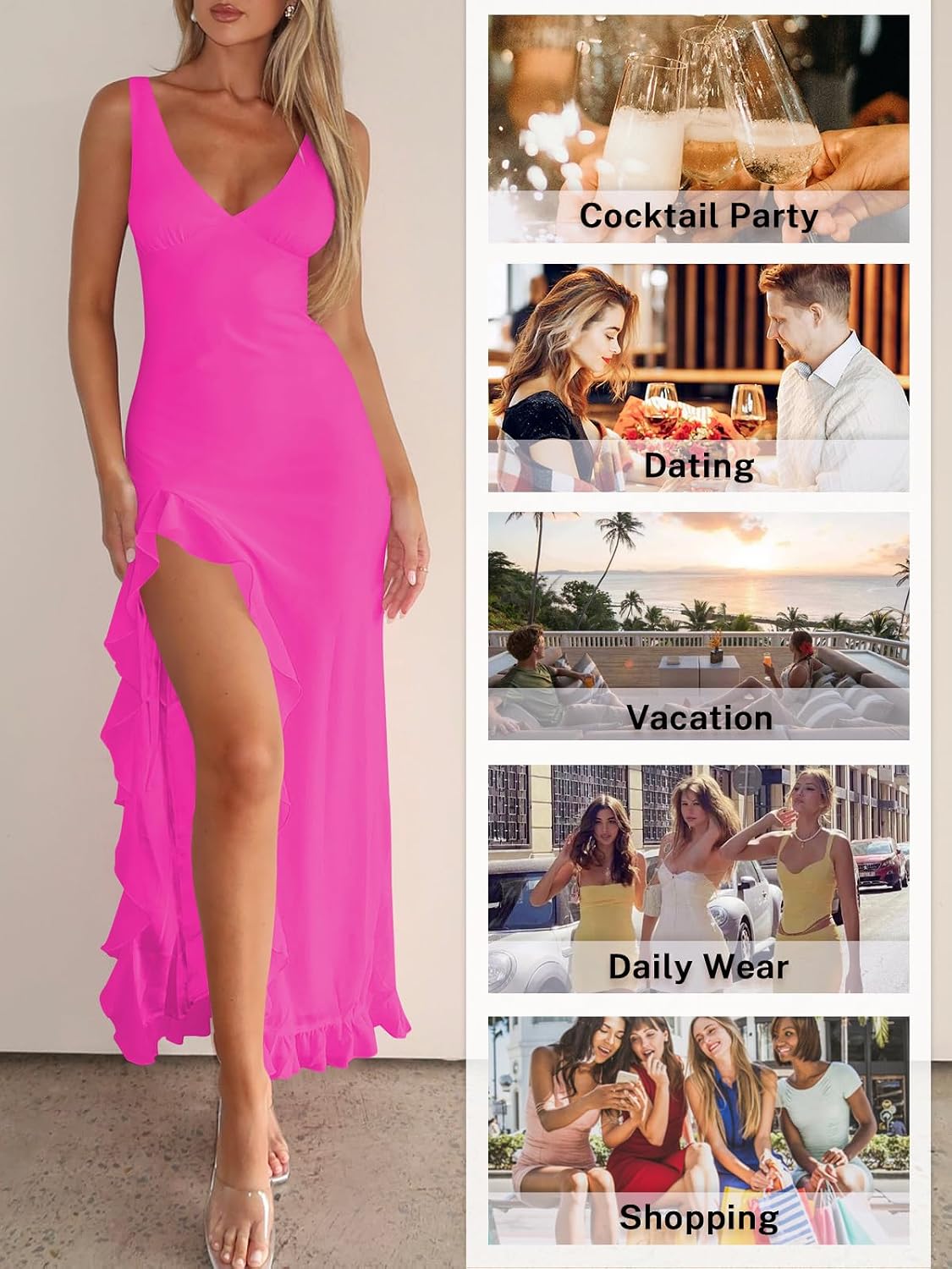 Sleeveless, backless maxi dress with sexy v-neck, high slit, and mesh ruffle hem for chic, romantic look.