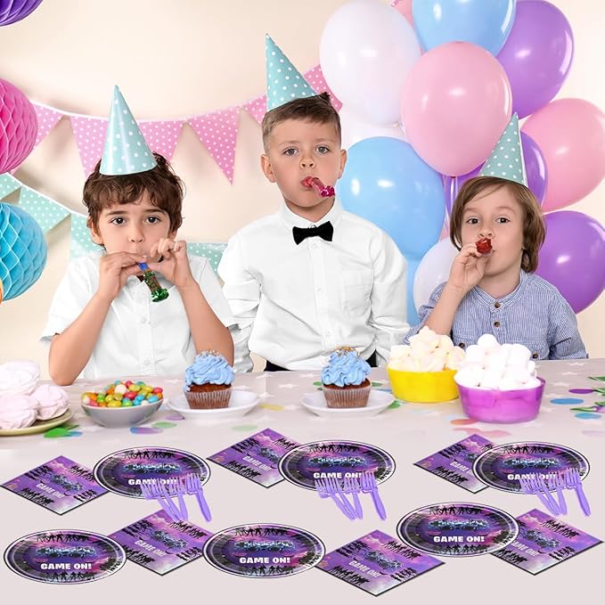 Video game party tableware set, includes 20 plates and 20 napkins, birthday decoration for video game themed parties, baby shower