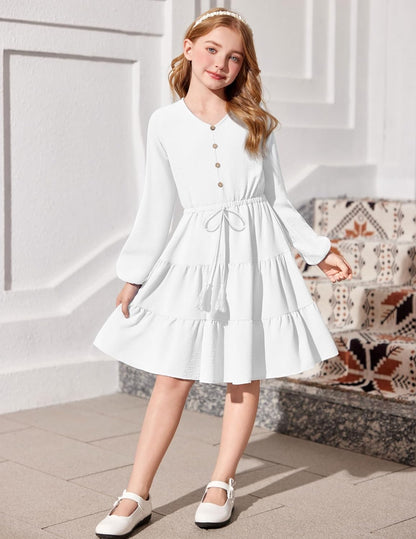 Size 12, Arshiner Tween Girls Dresses Fall Long Sleeve V Neck Waist Tie Ruffle Tiered Swing Skater Dress.