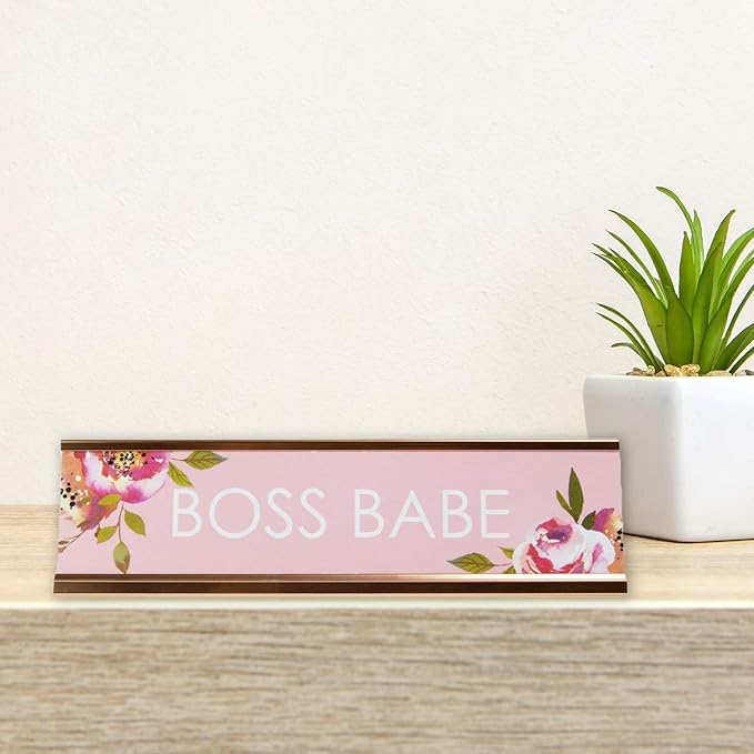 Boss Babe Desk Plate  2" x 8" Chic Pink Floral Office Desk SignCubicle Name Plate Coworker PresentMade In The USA