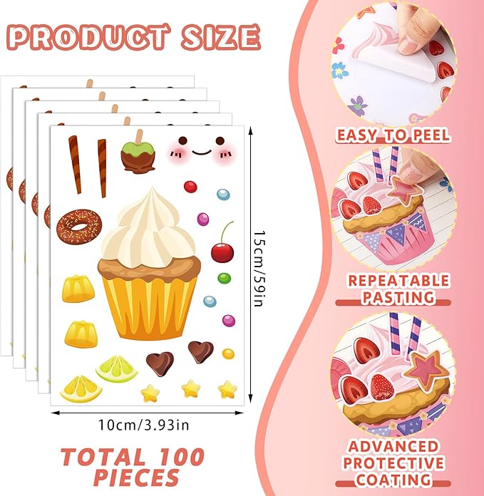 Sinmoe 100 Sheets Valentine Cupcake Stickers Colorful Make Your Own DIY Sweet Kids Cupcake Craft Mix and Match Dessert Stickers for Kids Classroom Birthday Party Favor, 20 Styles