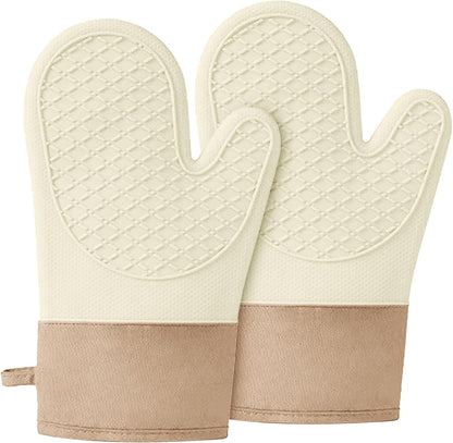 Silicone Oven Mitts?Heat Resistant up to 500°F, Oven Gloves with Soft Lining, Non-Slip Kitchen Essentials, Kitchen Gadgets, Apartment Essentials, Great Gift for Cooking (beige-1pair)