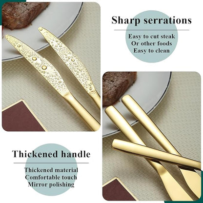 Evanda Gold Dinner Knives Set 12 Pieces, Titanium Plating Stainless Steel Butter Knives Table Knives, Flatware Steak Knives Silverware Set, Cutlery Set, Dishwasher Safe