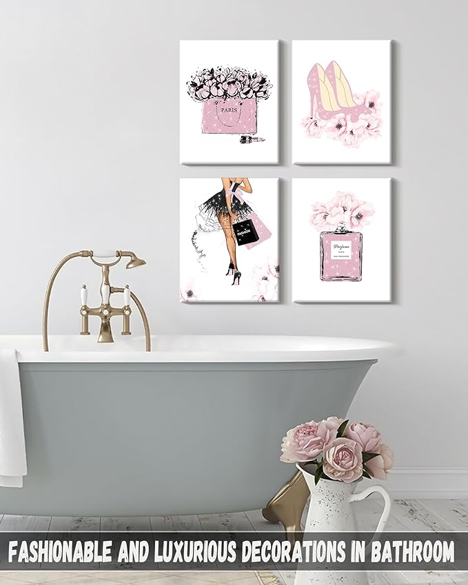 Glam Pink Fashion Wall Decor,Woman Makeup Framed Wall Art,Hot Pink Girly Room Decor,Perfume Handbags High Heels Lipstick Wall Paintings Set of 4
