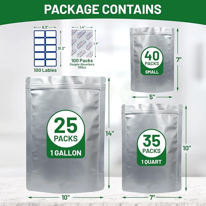 PoshMax Resealable Mylar Bags - Extra Thick Mylar Bags for Food Storage in 3 Sizes, Gallon, Quart and Small  Food Safe Mylar Ziplock Bag with Oxygen Absorbers for Food Storage 500cc  100 Pack