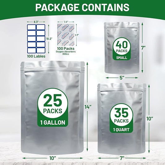PoshMax Resealable Mylar Bags - Extra Thick Mylar Bags for Food Storage in 3 Sizes, Gallon, Quart and Small  Food Safe Mylar Ziplock Bag with Oxygen Absorbers for Food Storage 500cc  100 Pack