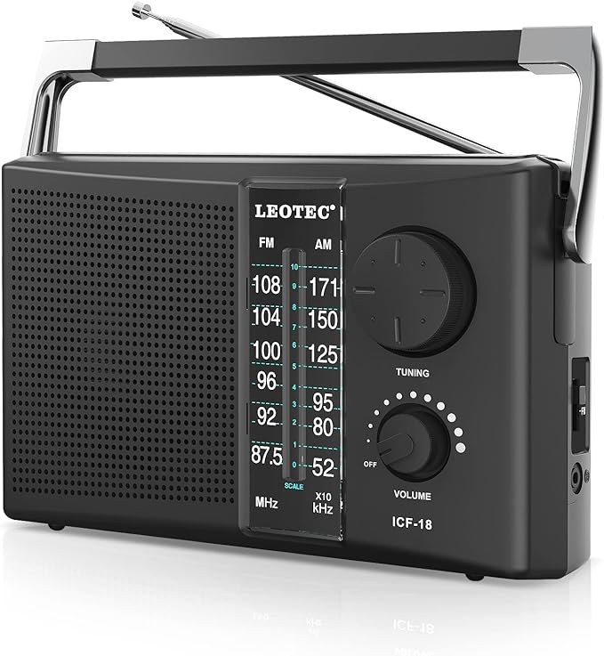 LEOTEC Portable AM FM Radio with Best Reception,Battery Operated or AC Power,Big Speaker,Large Tuning Knob,Clear Dial,Earphone Jack for Gift,Elder,Home Black