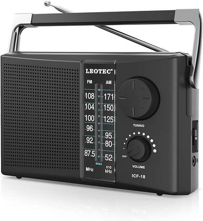 LEOTEC Portable AM FM Radio with Best Reception,Battery Operated or AC Power,Big Speaker,Large Tuning Knob,Clear Dial,Earphone Jack for Gift,Elder,Home Black