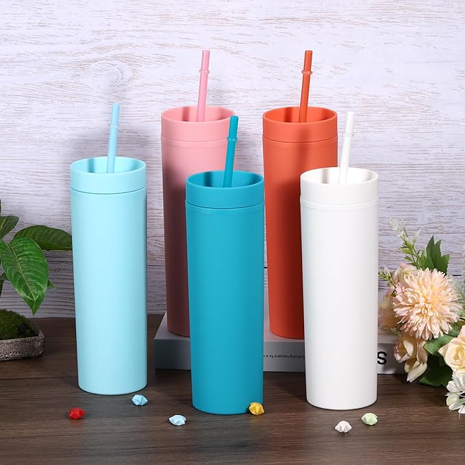 uxcell Skinny Tumbler with Lids and Straws, 16Oz Matte Black Skinny Tumbler Bulk, Reusable Pastel Acrylic Tumbler, Double Wall Plastic Tumbler for Cold Hot Drinks, Coffee DIY