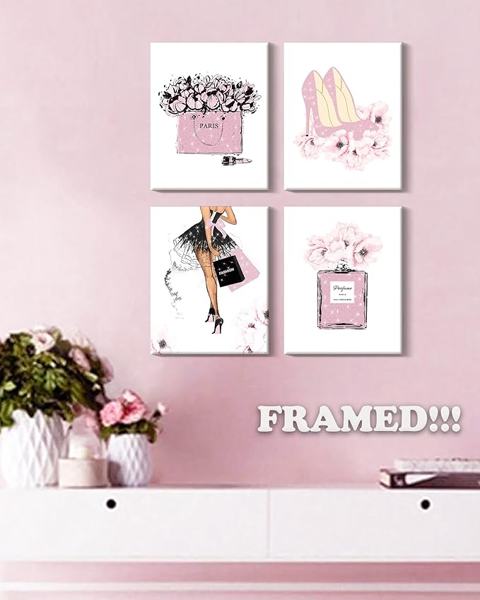 Glam Pink Fashion Wall Decor,Woman Makeup Framed Wall Art,Hot Pink Girly Room Decor,Perfume Handbags High Heels Lipstick Wall Paintings Set of 4