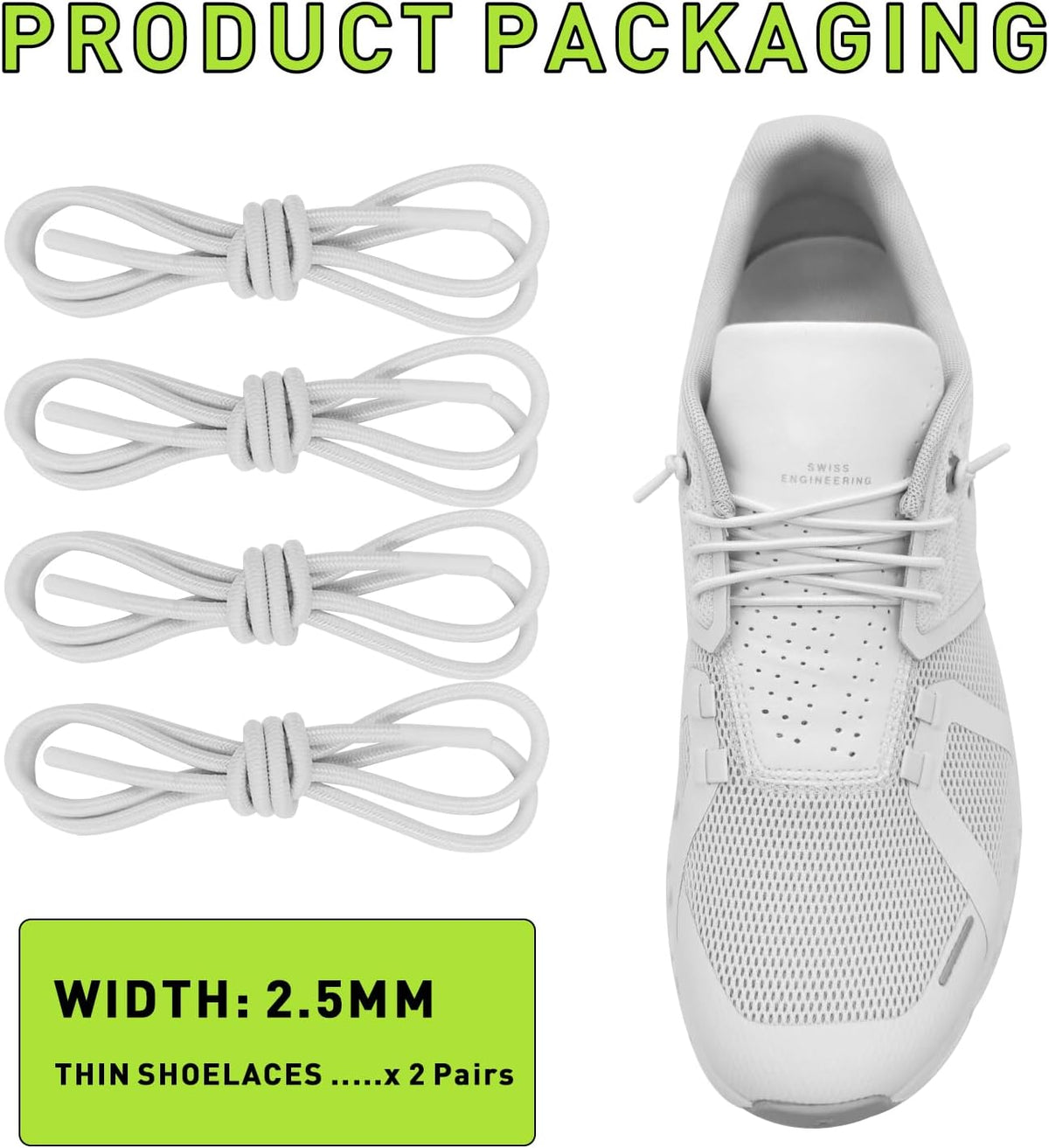 2 Pairs Elastic Shoe Laces for On Cloud 5, 6 Sneakers 1/10"(2.5mm) Thin Stretch Round Shoelaces Shoe Strings Replacement, Bungee Speed Tieless No Tie Laces for Adults and Kids
