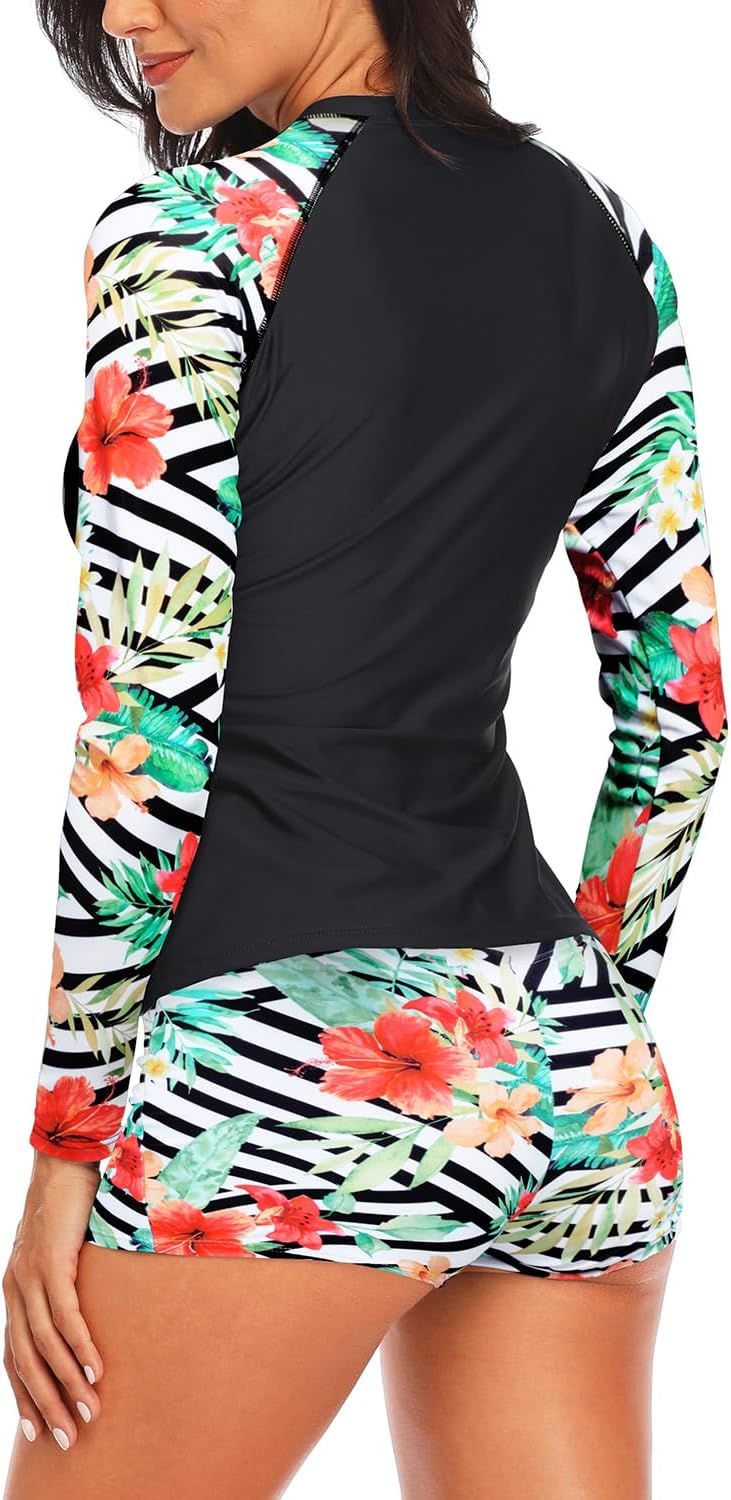 Daci Women Two Piece Rash Guard Long Sleeve Swimsuits with Short UPF 50+ | UPF 50+,High Waisted Short,Long Sleeve,High Neck,Built-in Brief,Quick Dry