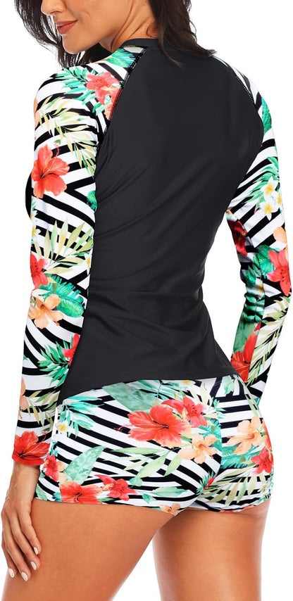 Daci Women Two Piece Rash Guard Long Sleeve Swimsuits with Short UPF 50+ | UPF 50+,High Waisted Short,Long Sleeve,High Neck,Built-in Brief,Quick Dry