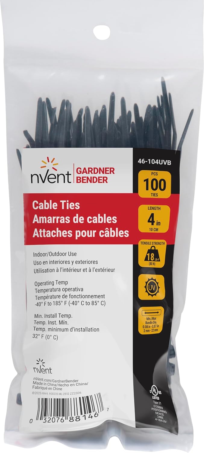nVent GARDNER BENDER 46-104UVB 4 in. Cable Ties, 18 lb. Rated, 100-Pack UV-Resistant Black Nylon Zip Ties (Formerly: Gardner Bender)