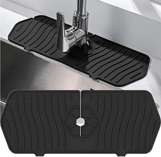 Kitchen Sink Splash Guard,Sink Protectors for Kitchen Sink,Sink Mat,Sponge Holder,Silicone Faucet Handle Drip Catcher Tray for Kitchen Bathroom Sink Accessories(Black,13.7Aux 5.8Au)