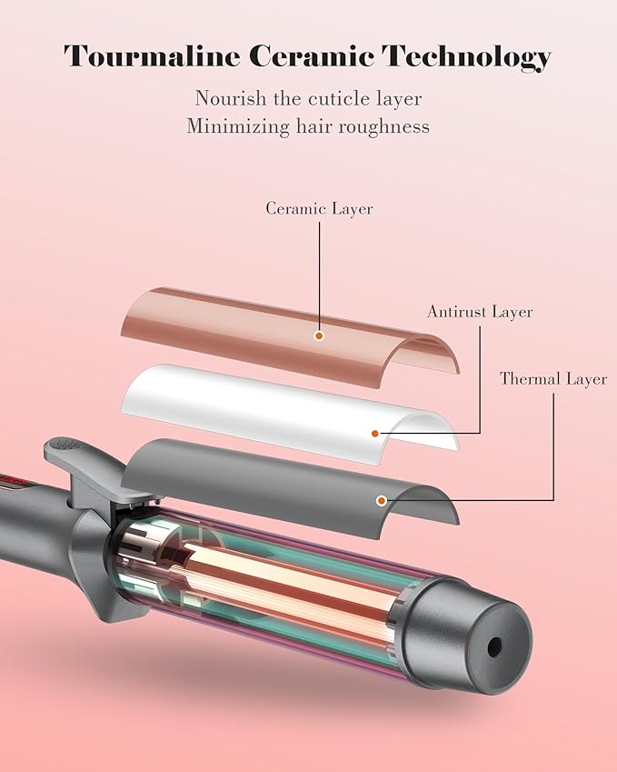1 14 Inch Tourmaline Ceramic Curling Iron with LCD Display, Dual Voltage for Long Hair, Includes Glove, Comb, Clips and Pad