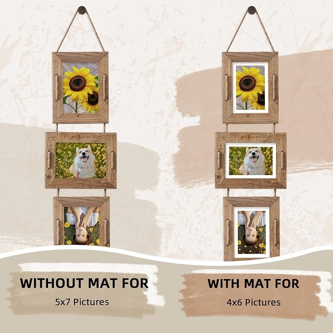 5x7 Picture Frames Rustic Solid Wood Hanging Picture Frames 4 Opening Photo Frame Display 4"x6" Pictures with Mat or 5"x7" Without Mat, 2 Pack Weathered Brown (1 frame missing its acrylic panel)