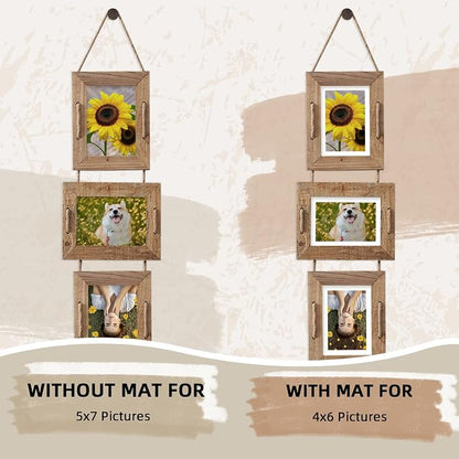 5x7 Picture Frames Rustic Solid Wood Hanging Picture Frames 4 Opening Photo Frame Display 4"x6" Pictures with Mat or 5"x7" Without Mat, 2 Pack Weathered Brown (1 frame missing its acrylic panel)