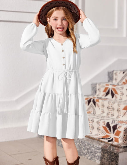 Size 12, Arshiner Tween Girls Dresses Fall Long Sleeve V Neck Waist Tie Ruffle Tiered Swing Skater Dress.
