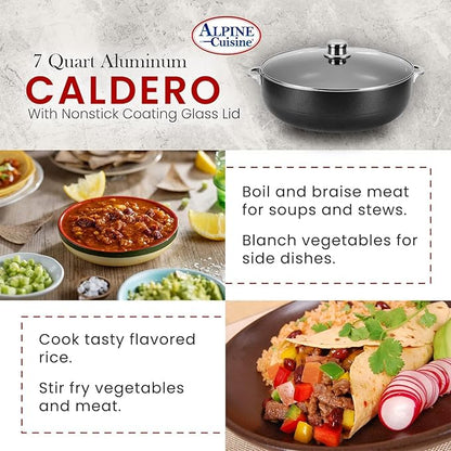 Alpine Cuisine 7 Quart Nonstick Cauldron with Glass Lid Multipurpose Aluminum Dutch Oven for Stewing - Boiling - Stewing Non-stick Coating with Black Finish