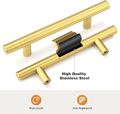Probrico 10 Pack 4 Inch Center-to-Center Kitchen Cabinet Pulls T Bar Gold Cabinet Handles Modern Drawer Hardware Dresser Pulls, 6-45 Inch Total Length