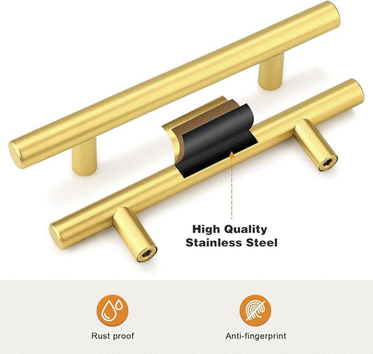 Probrico 10 Pack 4 Inch Center-to-Center Kitchen Cabinet Pulls T Bar Gold Cabinet Handles Modern Drawer Hardware Dresser Pulls, 6-45 Inch Total Length