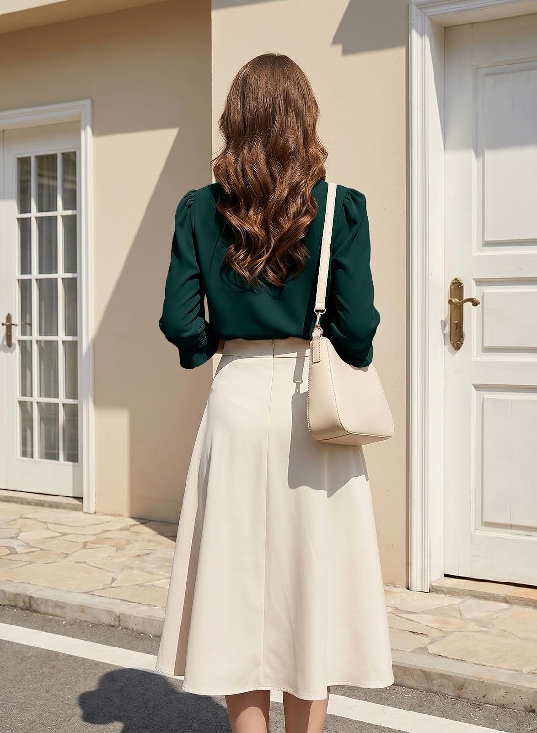 Women's 3/4 Sleeve Tops Dressy Casual Pleated V Neck Business Work Blouses Office Shirts