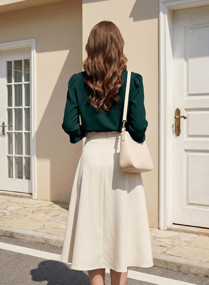 Women's 3/4 Sleeve Tops Dressy Casual Pleated V Neck Business Work Blouses Office Shirts