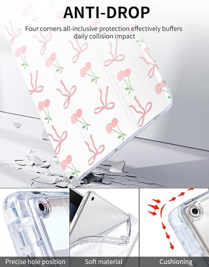 Case for iPad 9th/ 8th/ 7th Generation Case 10.2 Inch (2021/2020/2019 Release), Slim Trifold Clear Back Transparent Cover with Pencil Holder & Auto Sleep/Wake Cover,Bow Cherry Print