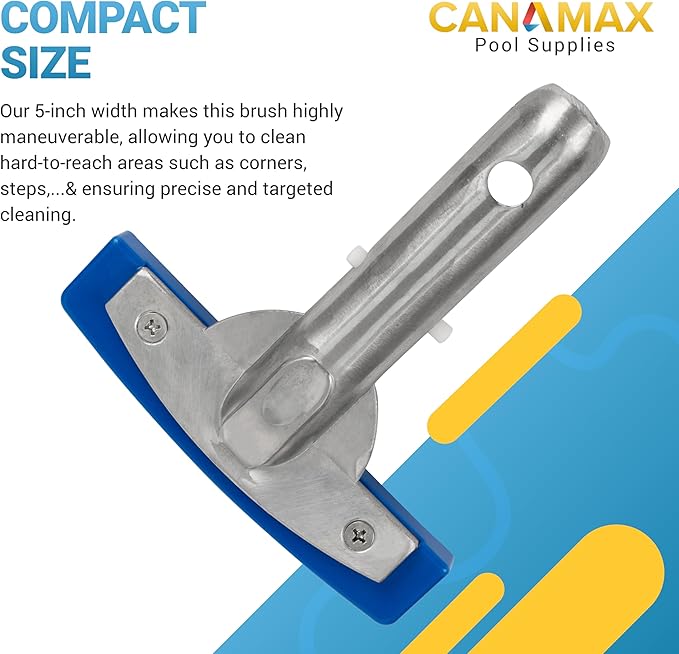 Upgraded 2025 Canamax Heavy Duty 5in Pool Brush - Aluminium Handle with Stainless Steel Bristle Wire - Compatible with Cleaning Pool Walls, Tiles, Floors, Steps, and Corners