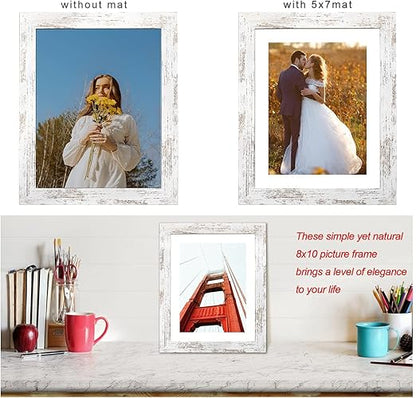 Capcillin 8x10 Picture Frame Wood Patten Distressed White Set of 2, Each Frame with Mat,Display 8x10 Picture Without mat or 5x7 Photos with Mat Wall Decor Table Top(CP001-MD8x10RW)