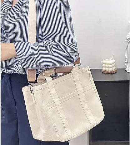 Women Multi-Pocket Canvas Tote Bag Durable Large Capacity Crossbody Handbag,Adjustable Strap Versatile Crossbody Bag