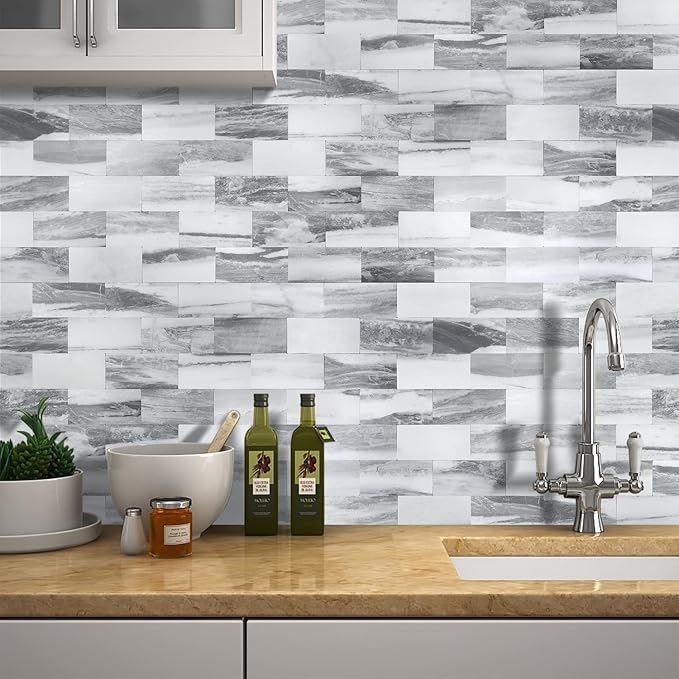 STICKGOO 10-Sheets Peel and Stick Backspalsh, Stick on PVC Wall Tiles, Gray Sky Marble Kitchen Backsplash, Self Adhesive Subway Tile for Kitchen, Bathroom Vanity, RV