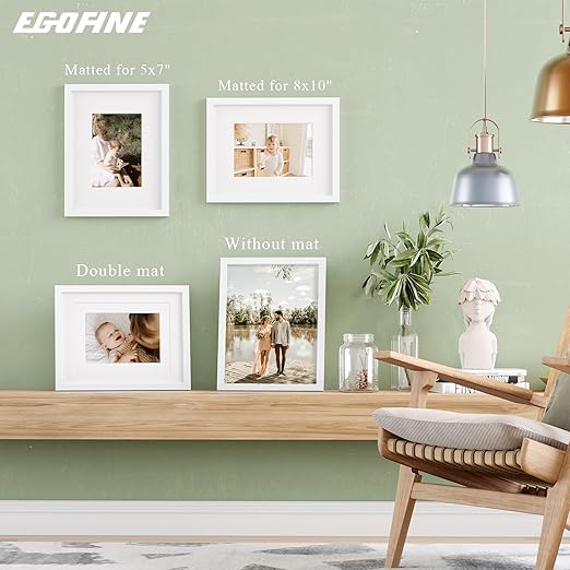 Egofine 11x14 Picture Frame White - Photo Frame Made of Solid Wood Covered by Plexiglass for Table Top Display Pictures 5x7/8x10 with Mat or 11x14 Without Mat - with Wall Mounting Hardware