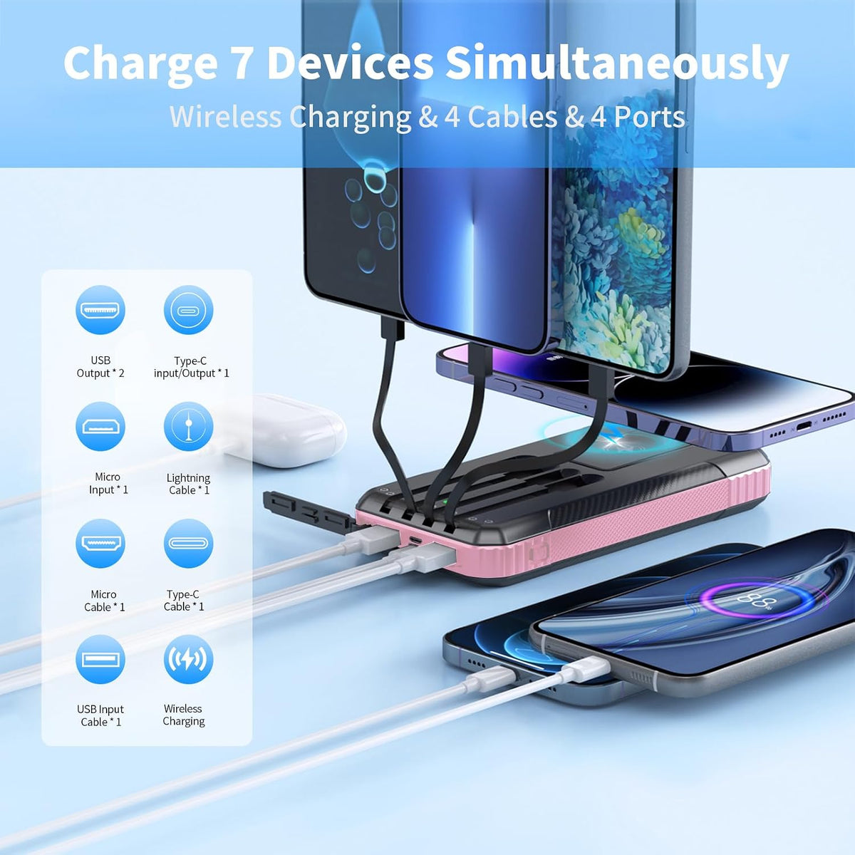 DJKK - Wireless Solar Power Bank Charger, 33800mAh, 4 Built-in Cables and 22.5W LED Camping Lights, Fast Charging Power Bank, 7 Outputs, 4 Inputs, Portable Charger