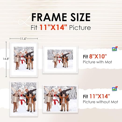 FIXSMITH 11x14 Picture Frame Set of 2, Photo Frame with HD Plexiglass, Display Pictures 8x10 with Mat or 11x14 Without Mat, White Picture Frames Collage Wall Decor, Gallery Wall Frame