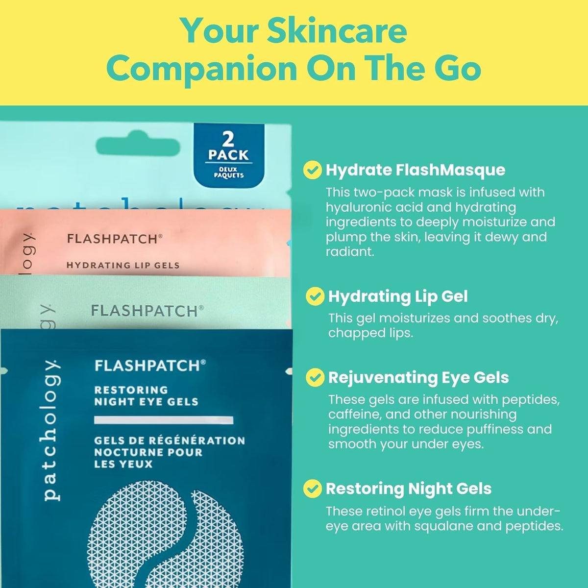 Patchology On The Fly Travel Facial Kit – Travel-Friendly Hydrating Skincare Essentials for Face, Eyes and Lips – Includes 2 Pair Under Eye Patches, 2 Hydrate Sheet Mask for Refreshed Skin,1 Lip Mask( box green and pink color)